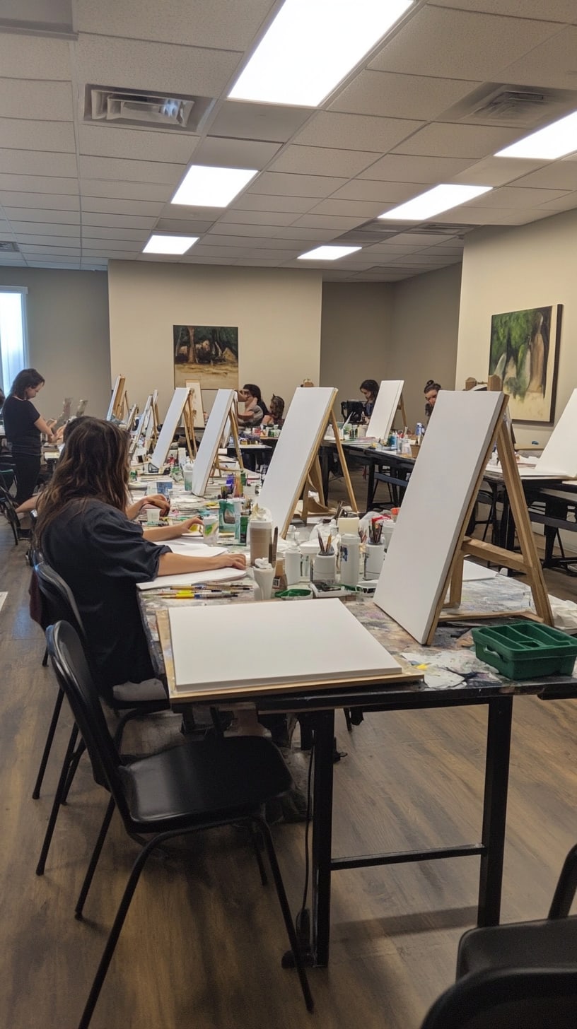 Students painting on easels in a well-lit classroom, surrounded by colorful art supplies and white canvases, capturing the essence of creativity and artistic expression.