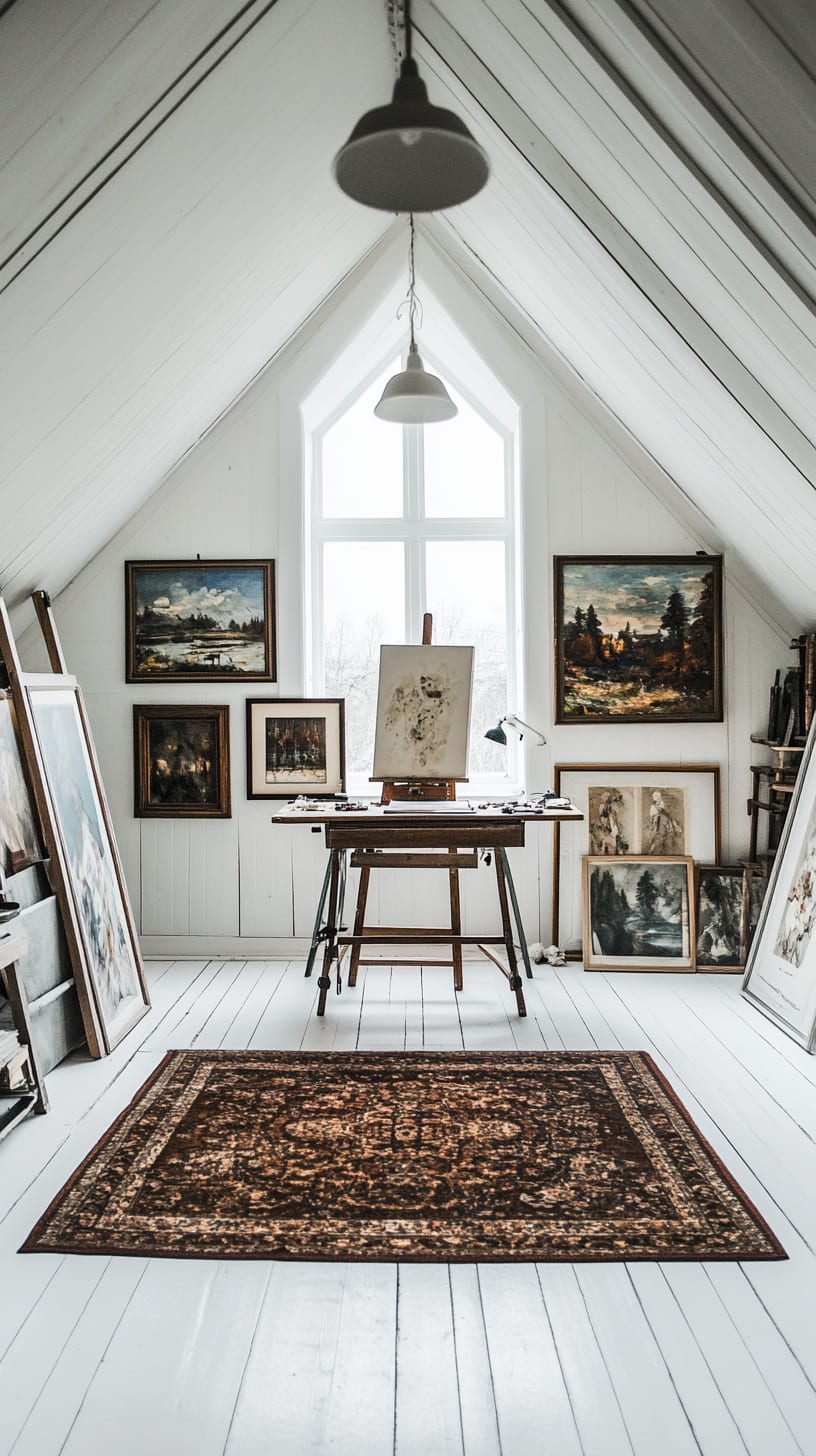A vintage attic art studio featuring white walls, a large window, a dark patterned rug, and various art frames, creating a cozy and inviting atmosphere.