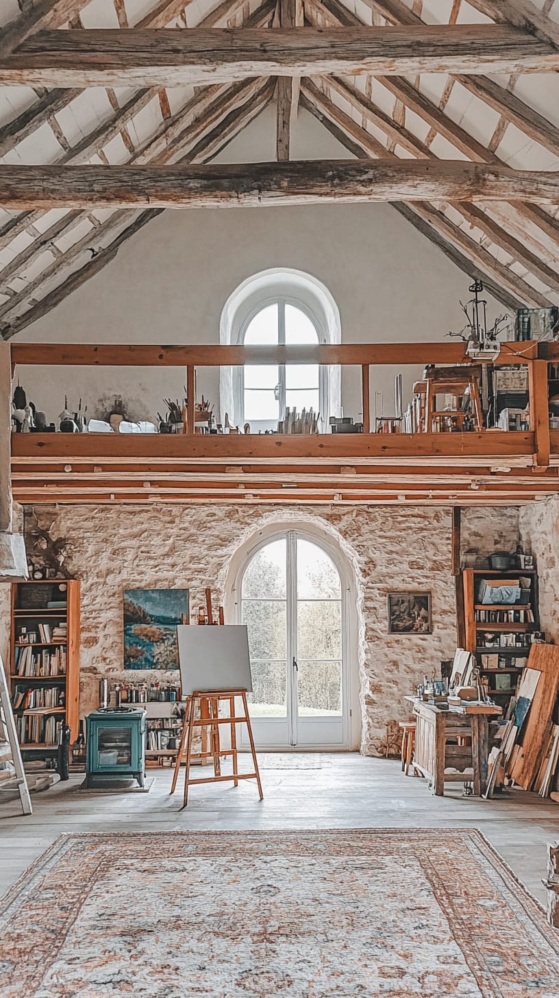 A spacious artist studio in an old French farmhouse featuring high ceilings, rustic decor, vintage art supplies, and warm natural light streaming through large windows.