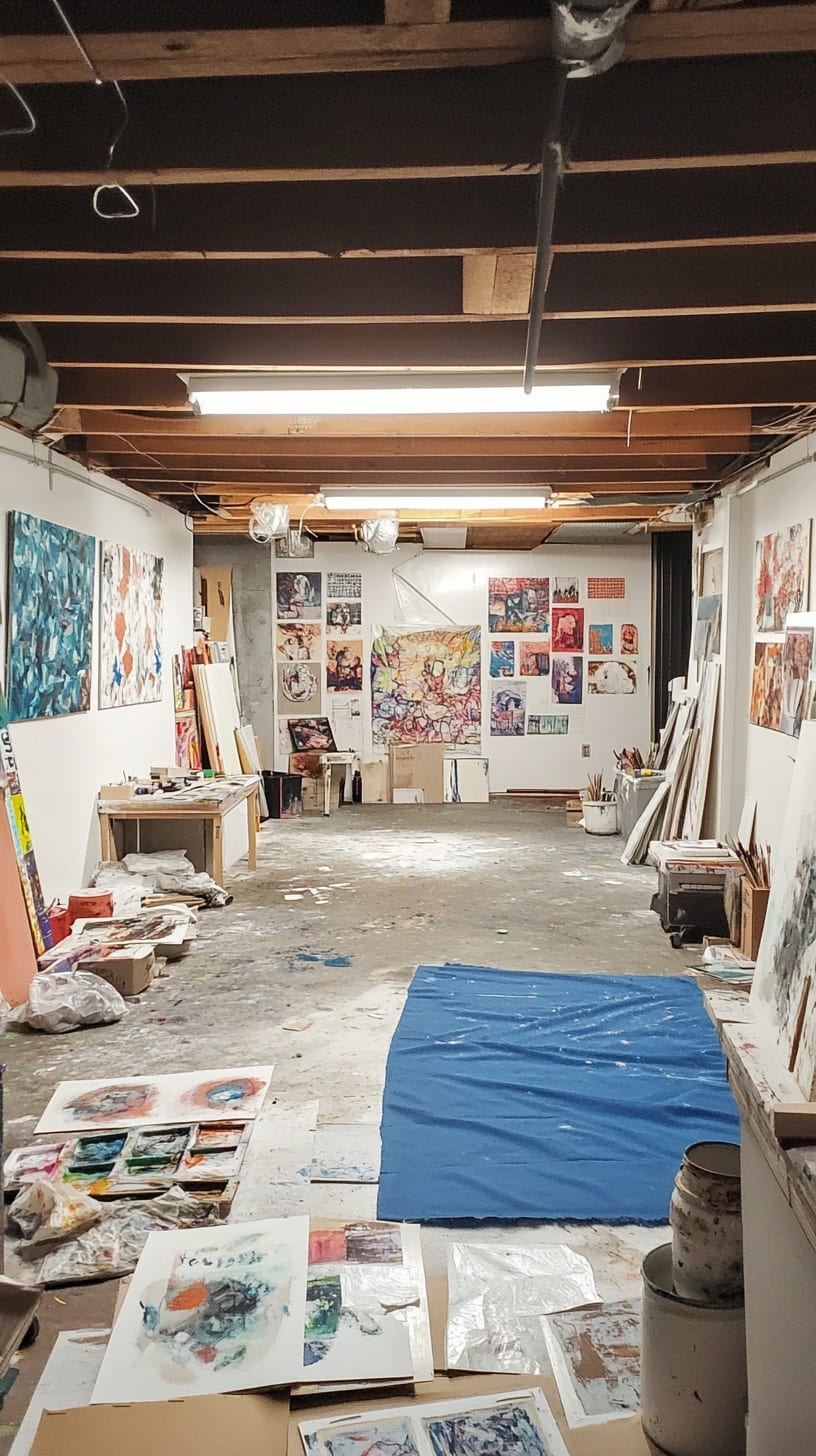 A spacious art studio featuring scattered paintings, drawings, and various art supplies, illuminated by natural light streaming in through large windows, with wooden beams adding character to the space.