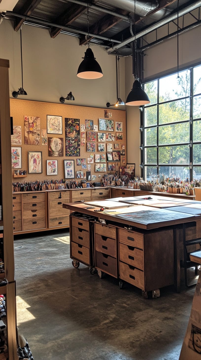 A large art studio featuring high ceilings, wooden work desks, natural light from large windows, and walls adorned with framed artwork, all creating an inspiring atmosphere for creativity.