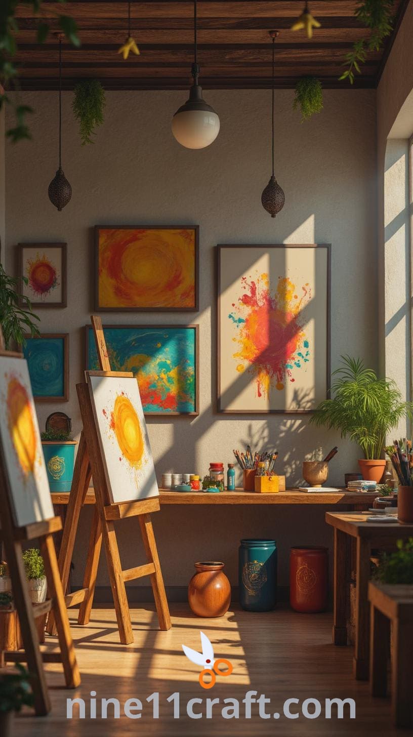 A lively art studio featuring easels, colorful paint supplies, and decorative elements like stars and paper crafts, with framed artworks adorning the walls.