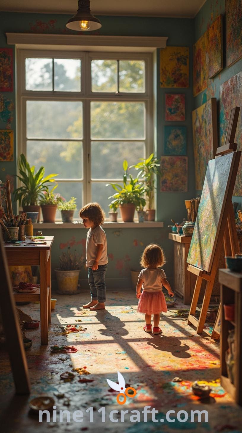 An art studio featuring colorful artwork on the walls, scattered art supplies, and two children exploring the space amidst paint splatters on the floor.