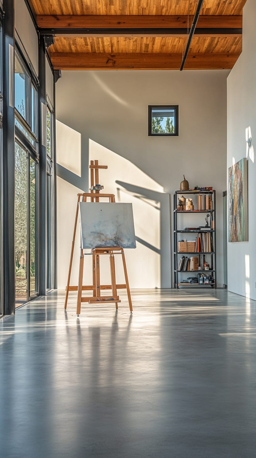 A modern art studio featuring large windows, natural light, an easel, and wooden ceiling beams, designed to inspire creativity and artistic expression.