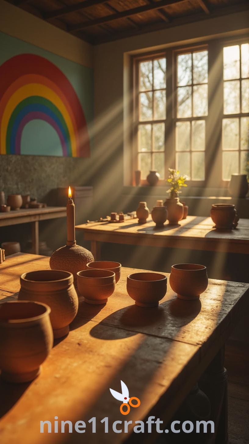 The interior of a paint bar or pottery studio featuring a colorful rainbow mural, multiple tables for painting, and shelves filled with pottery items ready to be decorated.
