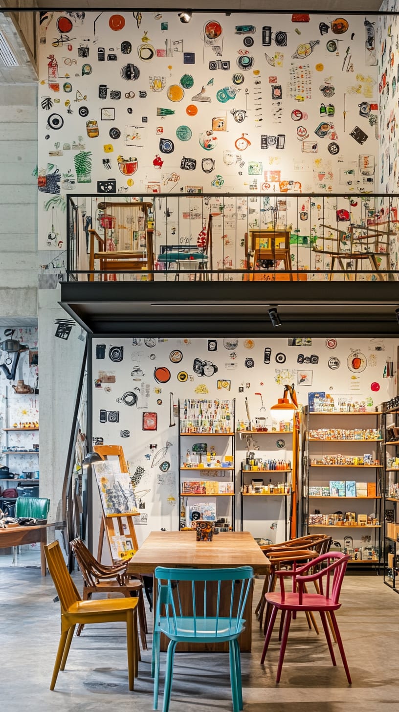 A two-story coffee shop with colorful chairs and tables, decorated with playful wallpaper, vintage products, and a bright, inviting atmosphere.