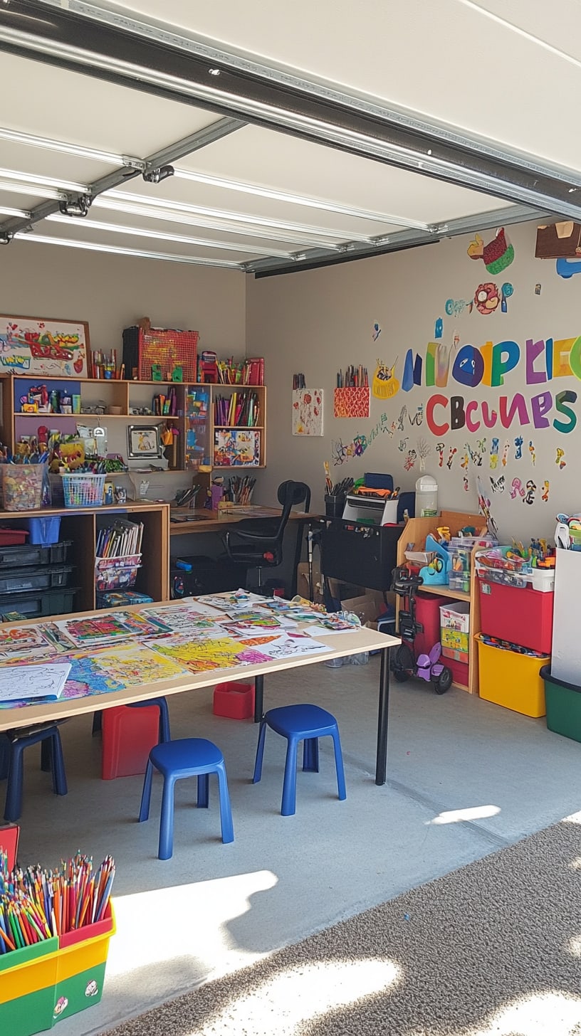 A vibrant garage transformed into an art space for children, featuring colorful tables with craft supplies, toys, and a lively atmosphere that encourages creativity.