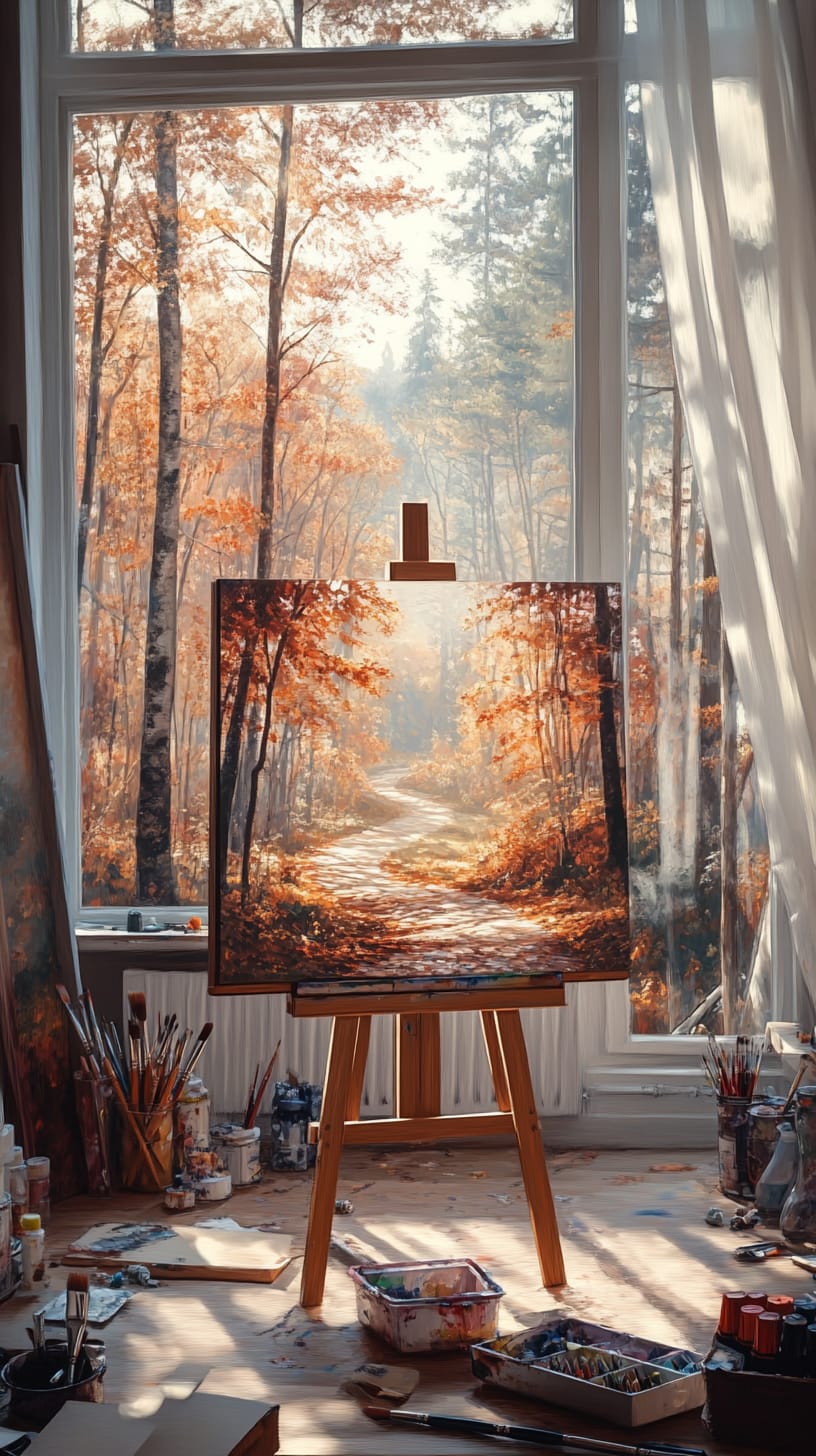 An autumn forest landscape painting on an easel in a sunlit artist