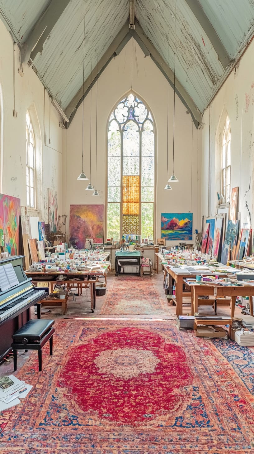 A spacious art studio in an old church featuring high ceilings, stained glass windows, a large red Persian rug, scattered canvases, and a piano, creating a vibrant and inviting atmosphere for artists.