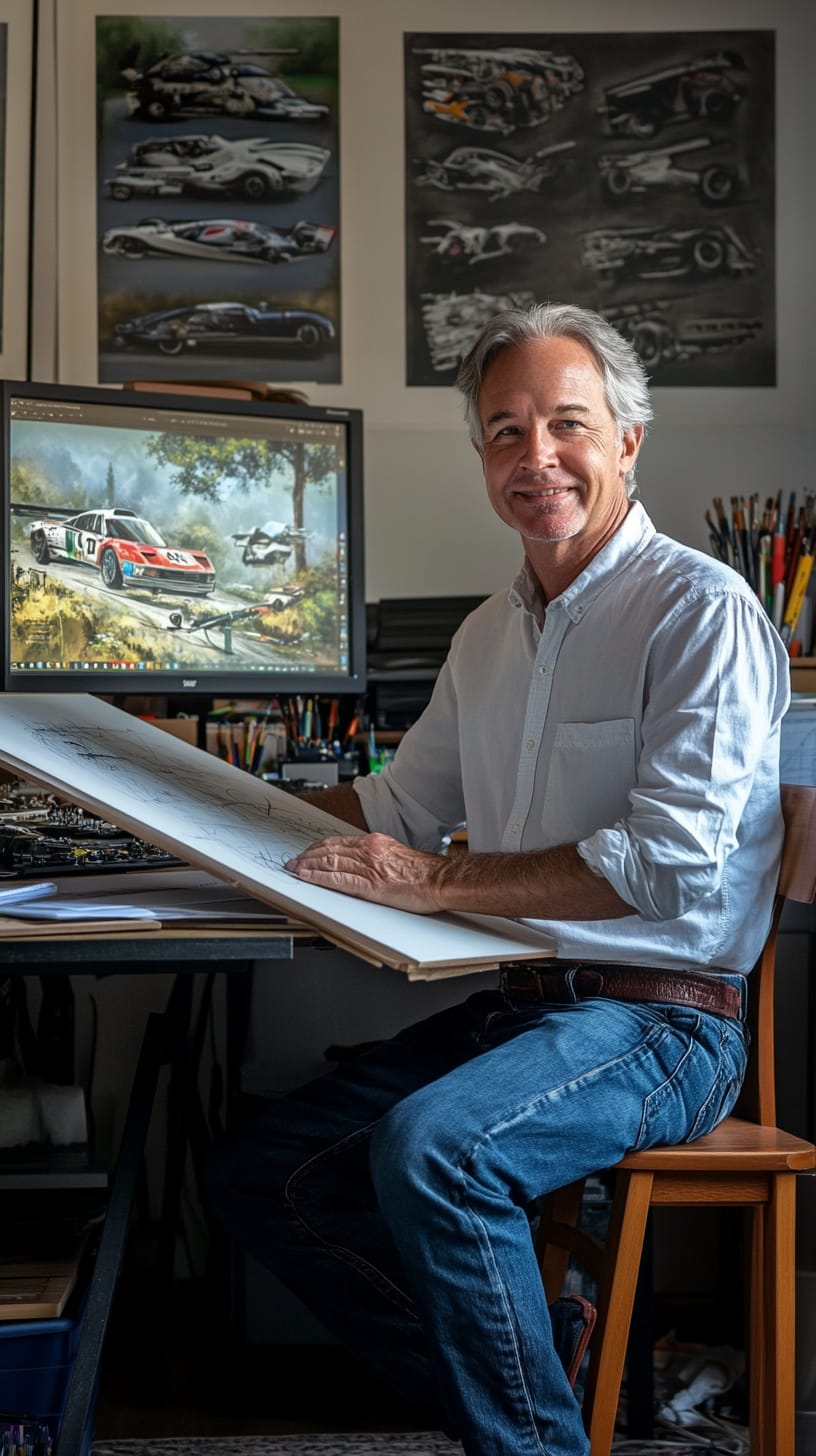 An artist sitting at his desk with an open sketchbook of rally car drawings, surrounded by art supplies and racing posters.